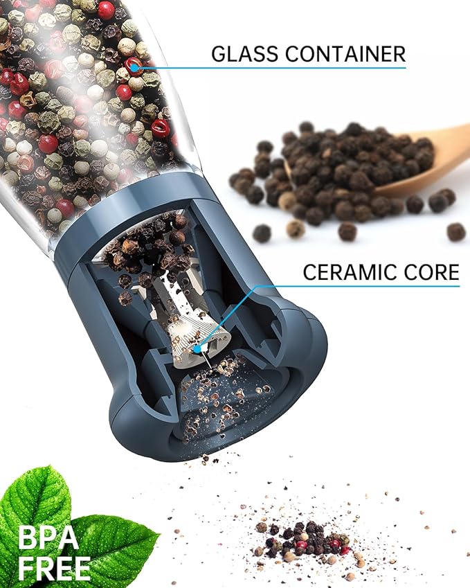 CIRCLE JOY Manual Salt and Pepper Grinder Set For Professional Chef, Refillable Salt and Pepper Shakers with Ceramic Blades, Adjustable Coarseness and BPA-free 180ml Glass Container, Short Blue