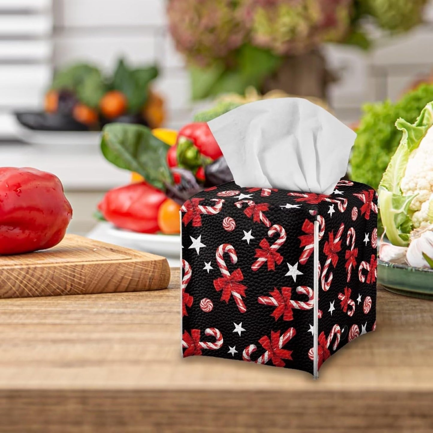 Christmas Candy Leather Tissue Box Cover Square Tissue Box Holder Christmas Home Decorative Tissue Holder Fun Tissue Box for Living Room Kitchen Bathroom