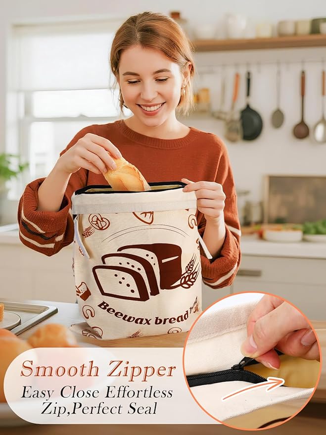 Natural Beeswax Bread Bags with Sealing Zipper - 13''x16.7'' Reusable Sourdough Storage Wraps for Homemade Bread, Keeping Food Fresh, Gifts for People Who Love Baking, Sliced Bread Pattern, 1 Pcs
