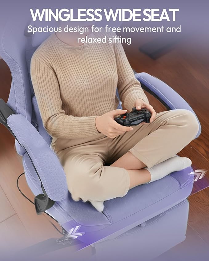 Dowinx Gaming Chair with Footrest, Breathable Fabric Gamer Chair with Gel Pad and Storage Bag, Ergonomic Office Chair with Lumbar Support for Home Task, Purple