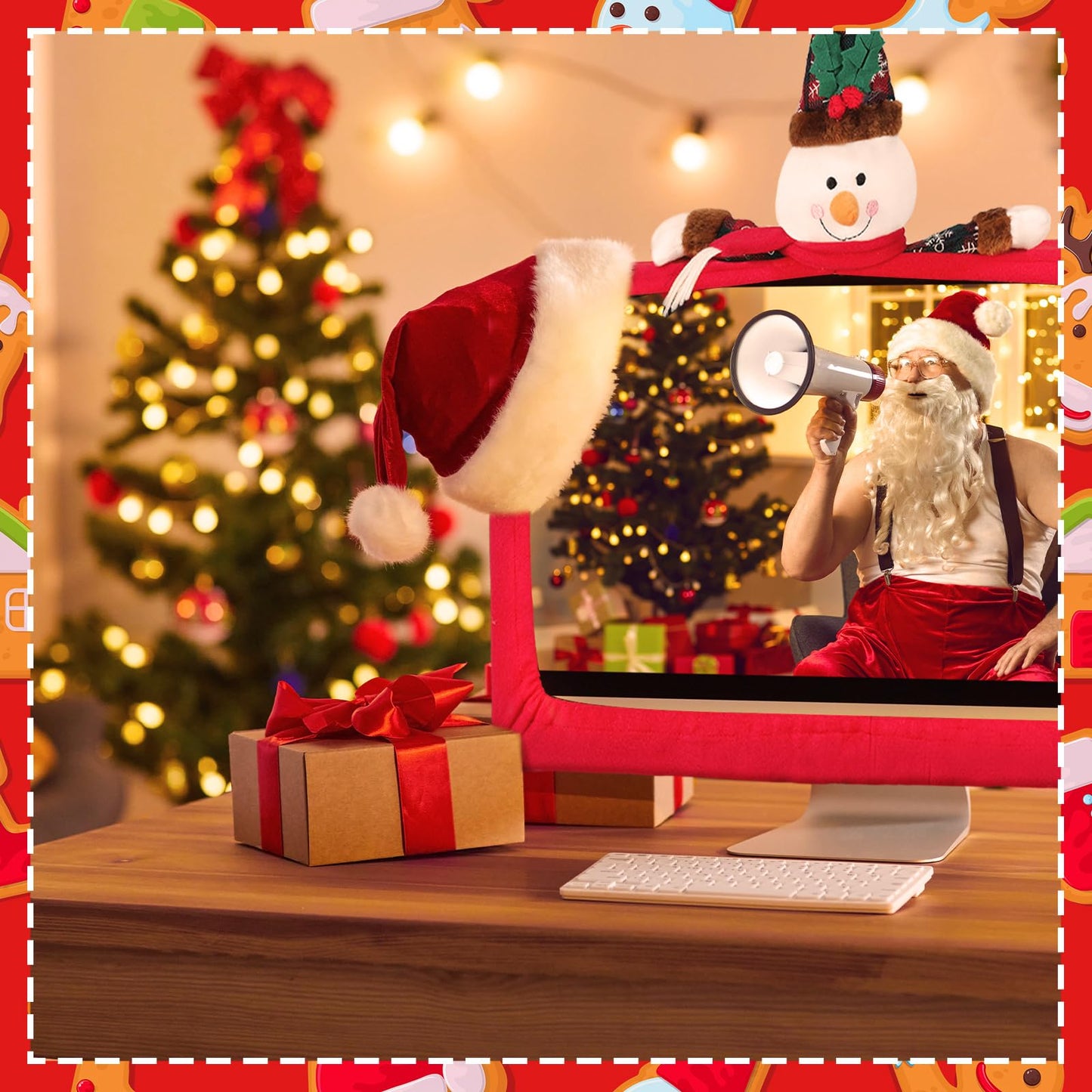 Yaocom 3 Pcs Christmas Computer Monitor Cover And 3 Pcs Christmas Mouse Pad, Computer Monitor Border Cover Elastic Laptop Access
