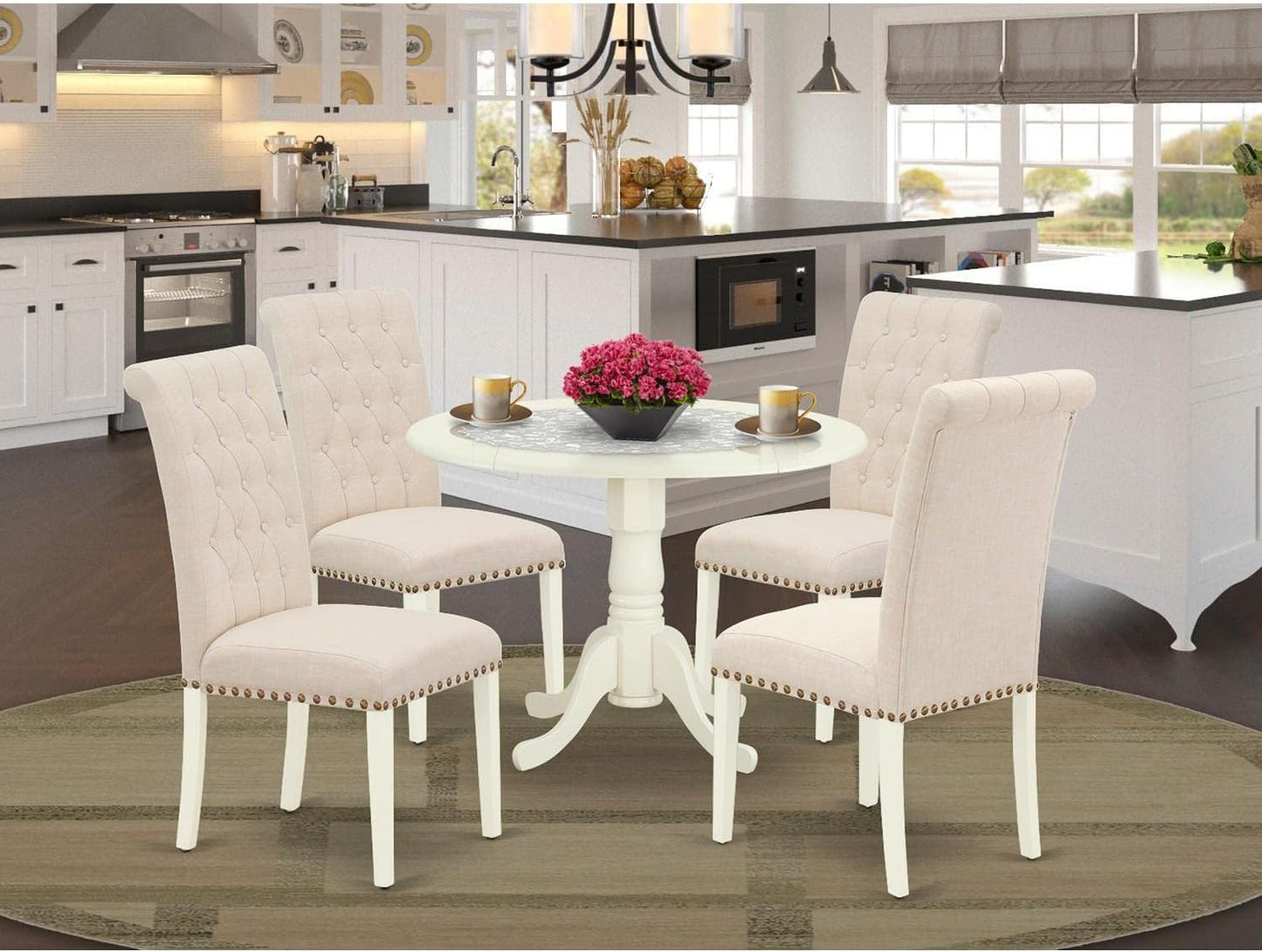 East West Furniture DLBR5-WHI-02 5 Piece Dining Table Set for 4 Includes a Round Kitchen Table with Dropleaf and 4 Light Beige Linen Fabric Upholstered Chairs, 42x42 Inch, Linen White