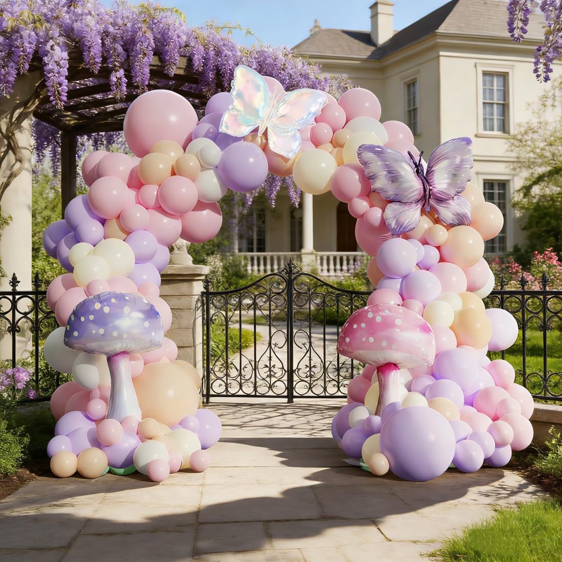 Pastel Balloon Arch Garland Kit,146Pcs Pink Purple Nude White Mushroom Buttefly Balloons for Girls Fairytale Spring Garden Tea Party Bride Baby Shower