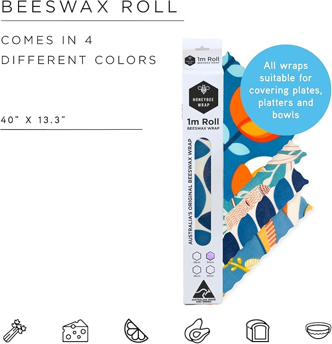 Honeybee Beeswax Wraps - Blue Leaf Pattern Beeswax Roll -Certified Organic Cotton Beeswax Wrap - Reusable Beeswax Wraps for Food - Plastic Wrap & Sandwich Bags Alternative - 40’’ x 13’’