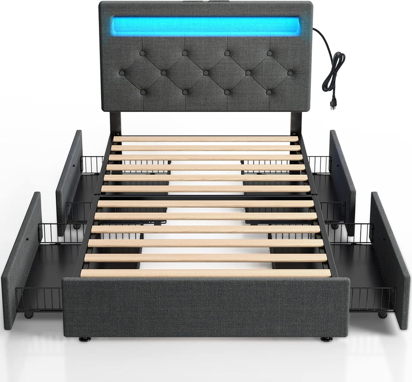 Rolanstar Twin Bed Frame with 4 Storage Drawers and Charging Station,Twin Bed with Led Lights, 2 USB & 1 Type C, Adjustable Headboard 38.9/40.8 Inches, No Box Spring Needed, Grey