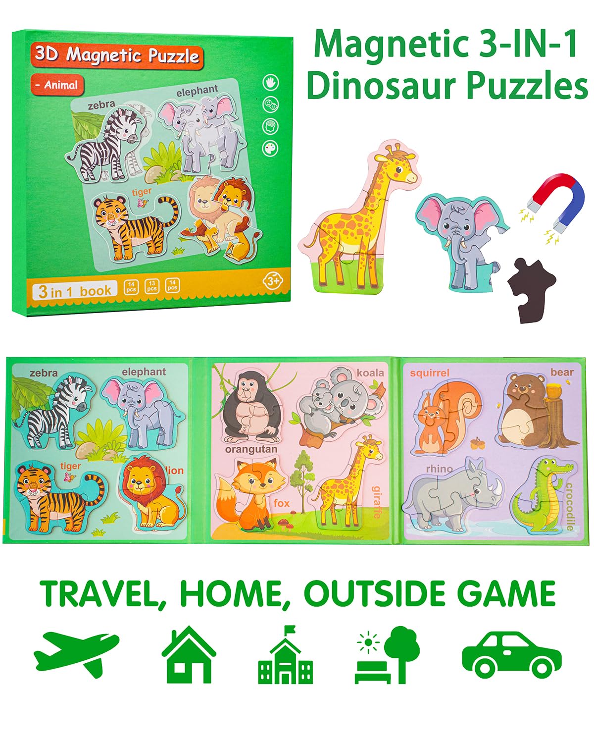 Magnetic Puzzles for Toddlers 1-3, Travel Puzzles for Kids Ages 3-5, Animal Activities Toy Wooden Jigsaw Puzzles Book for Boys & Girls 2-4, Learning Magnet Gift for Road Trip (Animal)