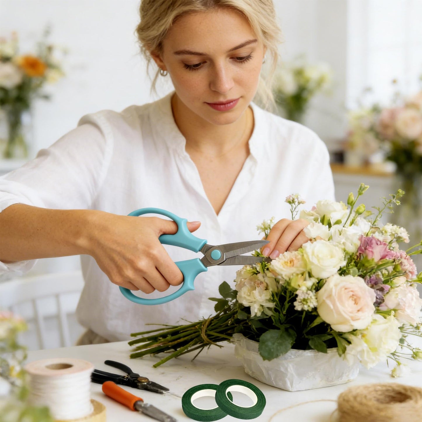 Huangfbfx 12Pcs Flower Scissors & Dark Green Floral Tape Set,Stainless Steel Floral Shears for Fresh Flower Stems,1/2" Wide 30Yard Adhesive Florist Tape for Bouquet Arranging Wedding Floral Crafts