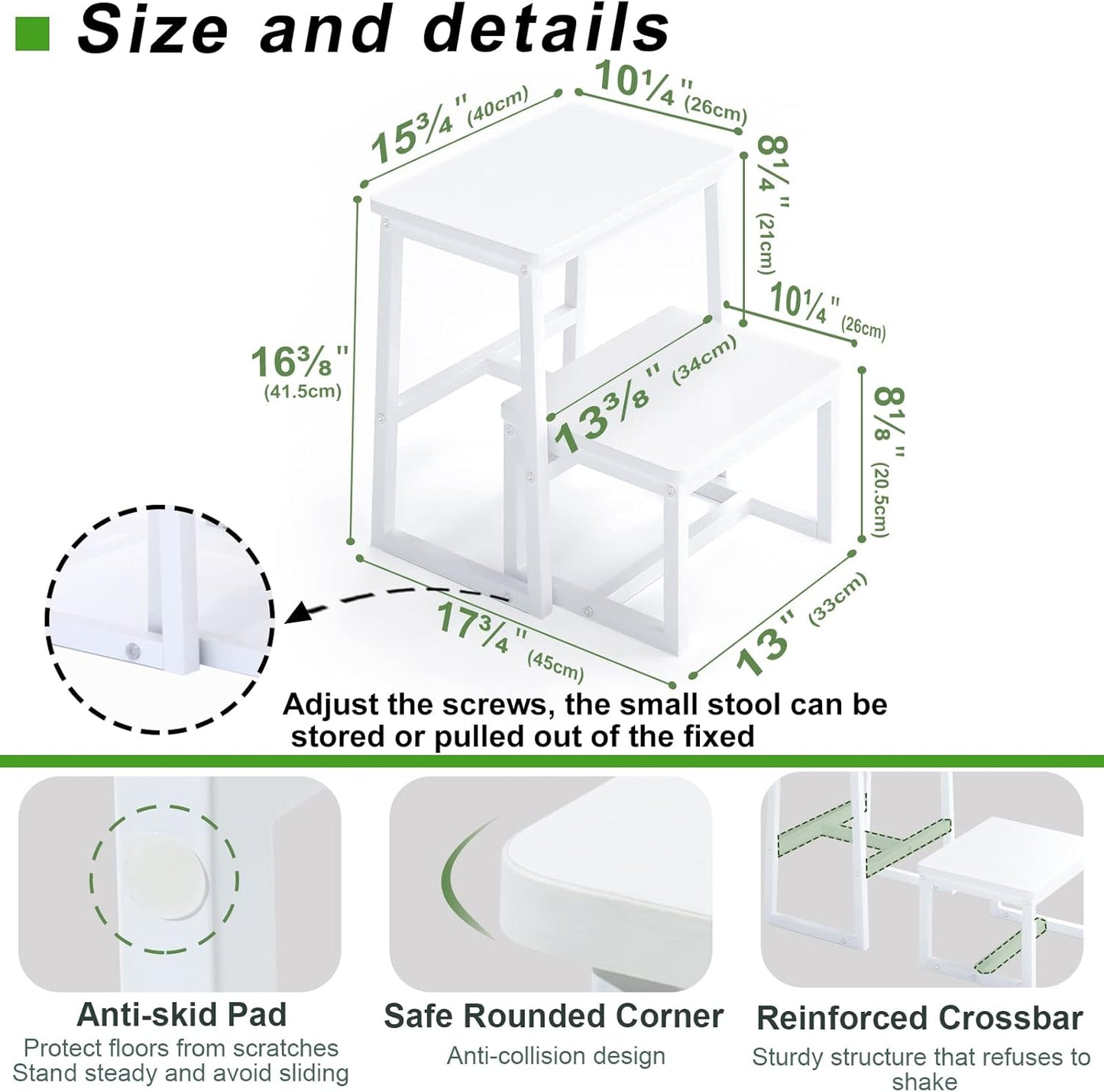 Step Stool for Adults & Kids,Holds up to 500Lb,3 in1 Heavy Duty Sturdy 2 tair Wooden StepStool for Kichen/Bathroom/High beds, Metal Frame, Non-Slip Pads