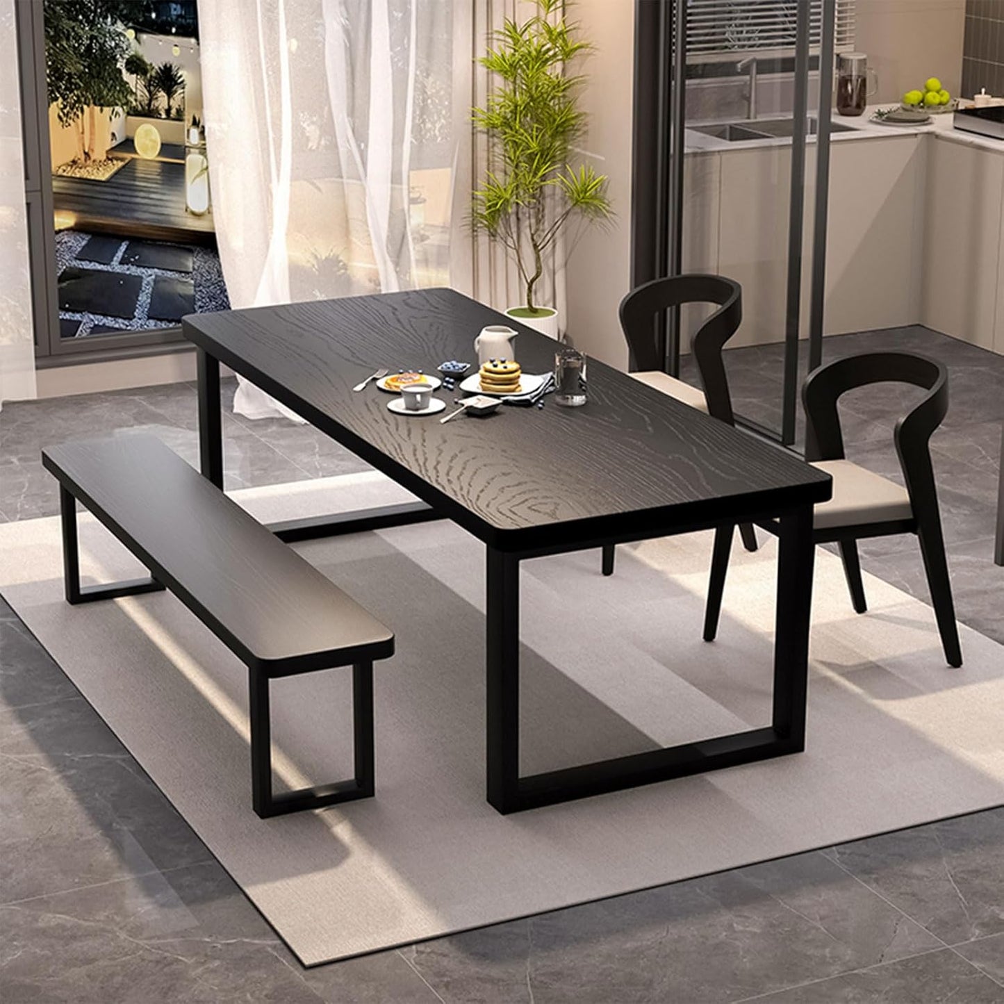 Solid Wood Dining Table for 4-8 People, 63 inch Long Farmhouse Kitchen Dining Table, Rectangular Dining Tables in The Dining Room, Kitchen, and Living Room, Black