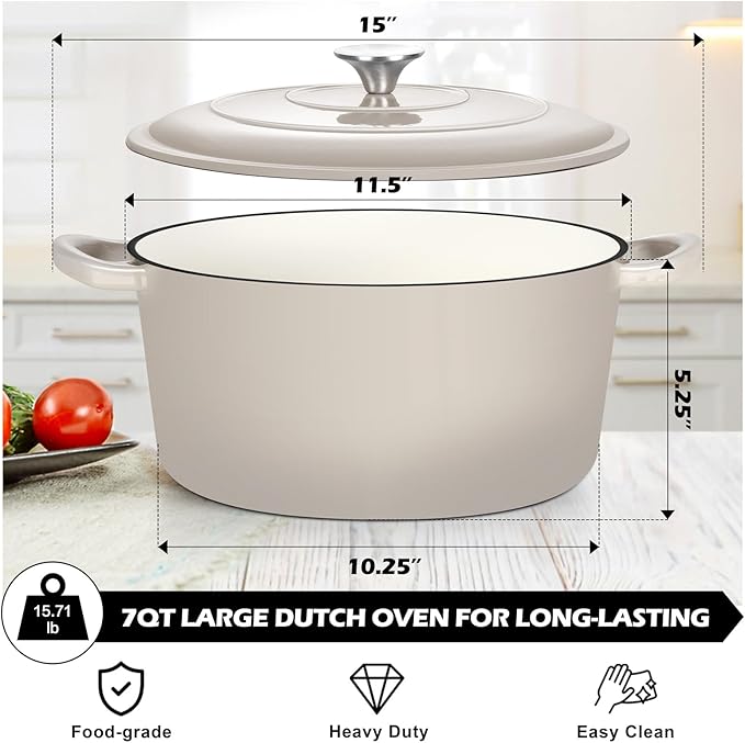 TeamFar Enameled Cast Iron Dutch Oven, 7qt Dutch Oven Pot Nonstick Cookware with Lid & Dual Handles for Bread Baking, Cooking, Oven Safe up to 500℉ & Various Stovetops, Healthy & Heavy Duty - Khaki