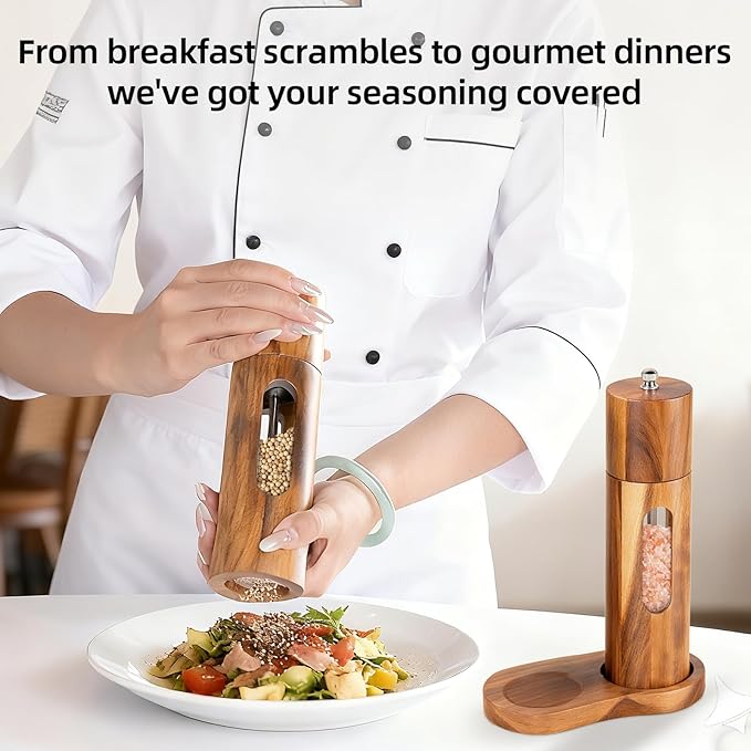 Acacia Wood Salt and Pepper Grinder Set with Base, Refillable Wooden Pepper & Salt Mill with Adjustable Ceramic Grinder for Kitchen & Dining