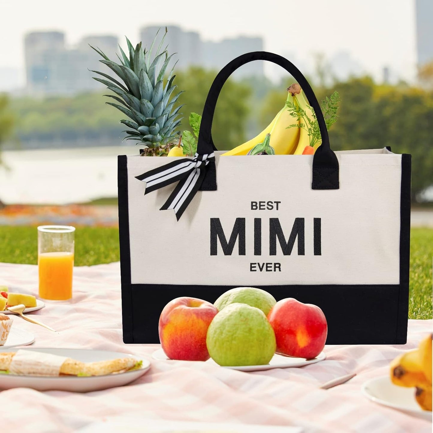 TOPDesign Embroidery Canvas Tote Bag for Women, Mimi Gifts for Grandma from Grandchild Granddaughter Grandson, Personalized Birthday, Mothers Day Present, Ideal for Beach, Holiday