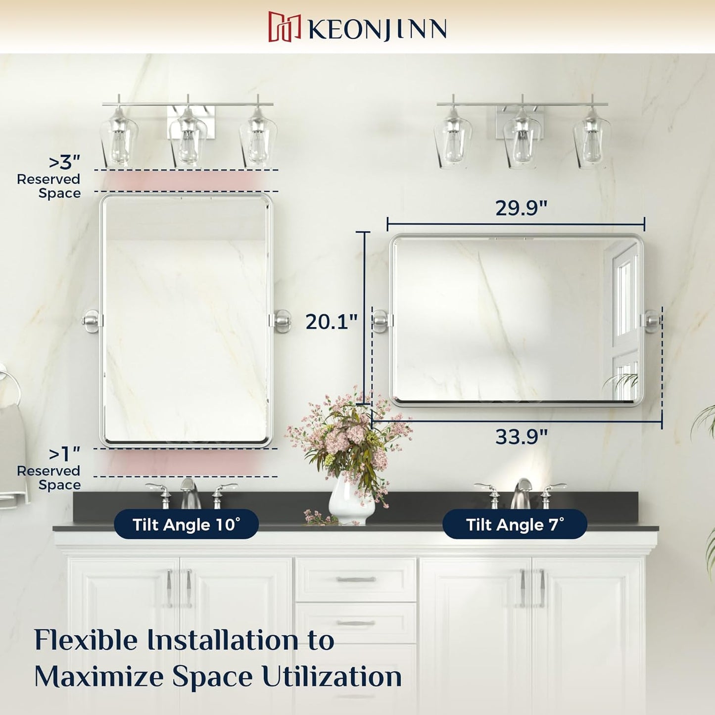 Keonjinn 20 x 30 Inch Tilt Mirror Bathroom, Satin Nickel Metal Pivot Mirror for Bathroom, Silver Beveled Fixed Tilt Mirrors for Over Sink, Modern Tilting Mirrors Wall Mounted (Horizontal/Vertical)