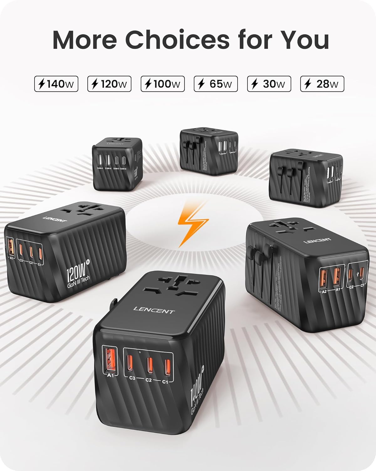 LENCENT Universal Travel Adapter, 100W GaN International Fast Charger with 2 PD3.0 Type C+2 QC USB A, Worldwide Power Adaptor for Phones,Laptops, All in One Travel Essentials for EU/USA/UK/AU, Black