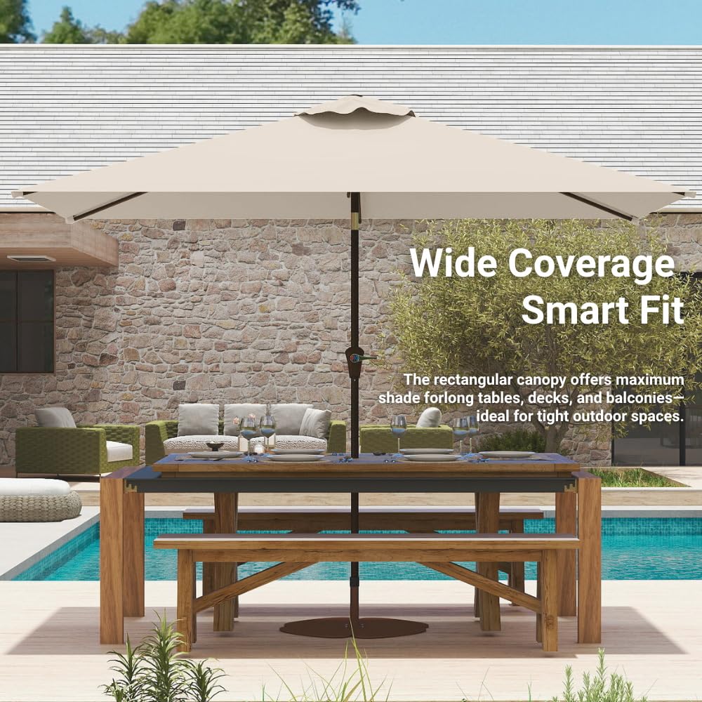 Patio Kingdom 6.5' x 10' Rectangular Patio Umbrella Large Outdoor Market Umbrella w/UV Protection, Push Button Tilt and Crank Lift, Rectangle Table Umbrella for Garden, Deck, Pool, Patio, Beige