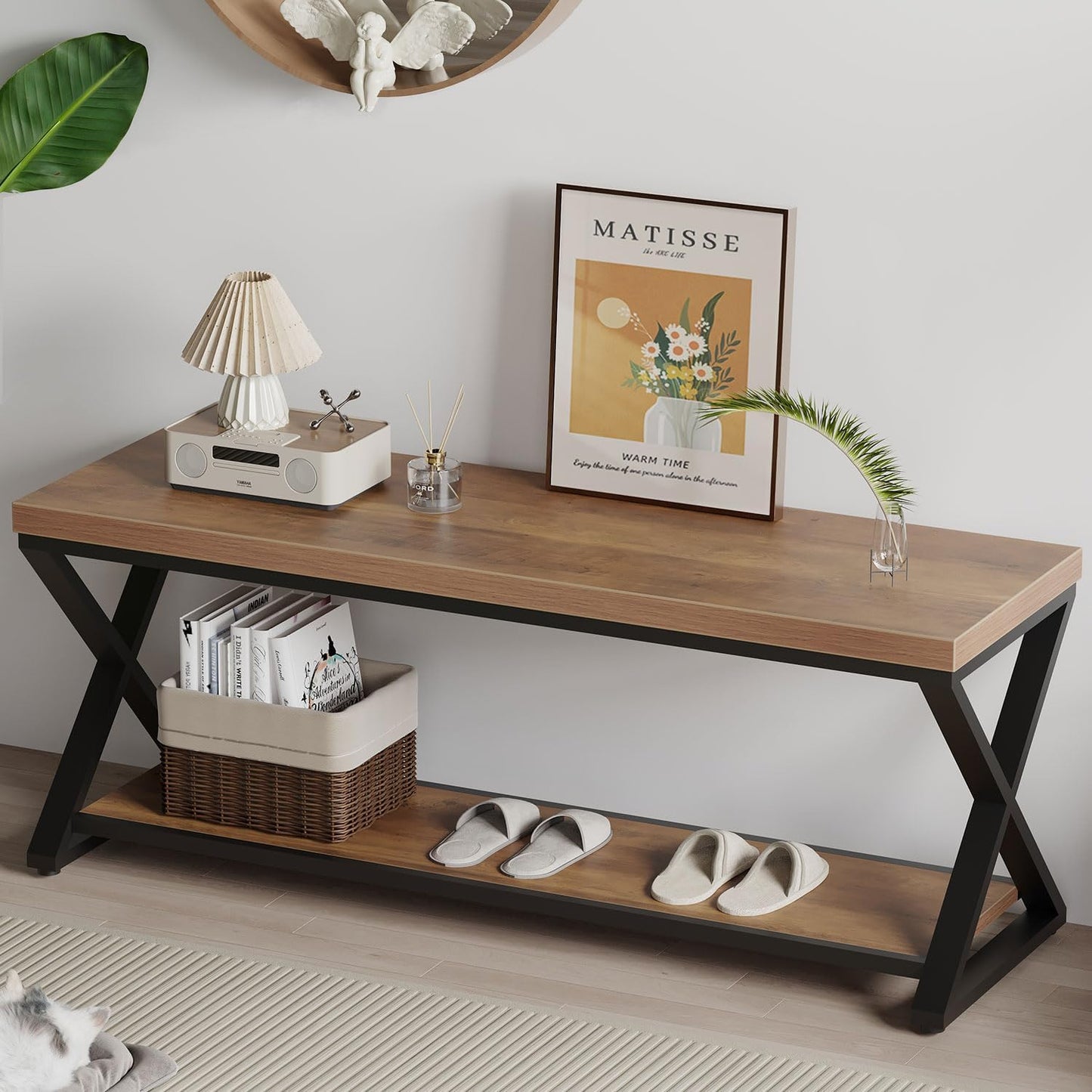 IBF Wood Entryway Bench, Wooden and Metal Bedroom Indoor Bench, Industrial Shoe Bench with Storage and Seating, Farmhouse Entry Bench for Foyer Entrance Hallway Living Dining Room, Rustic Oak, 47 Inch