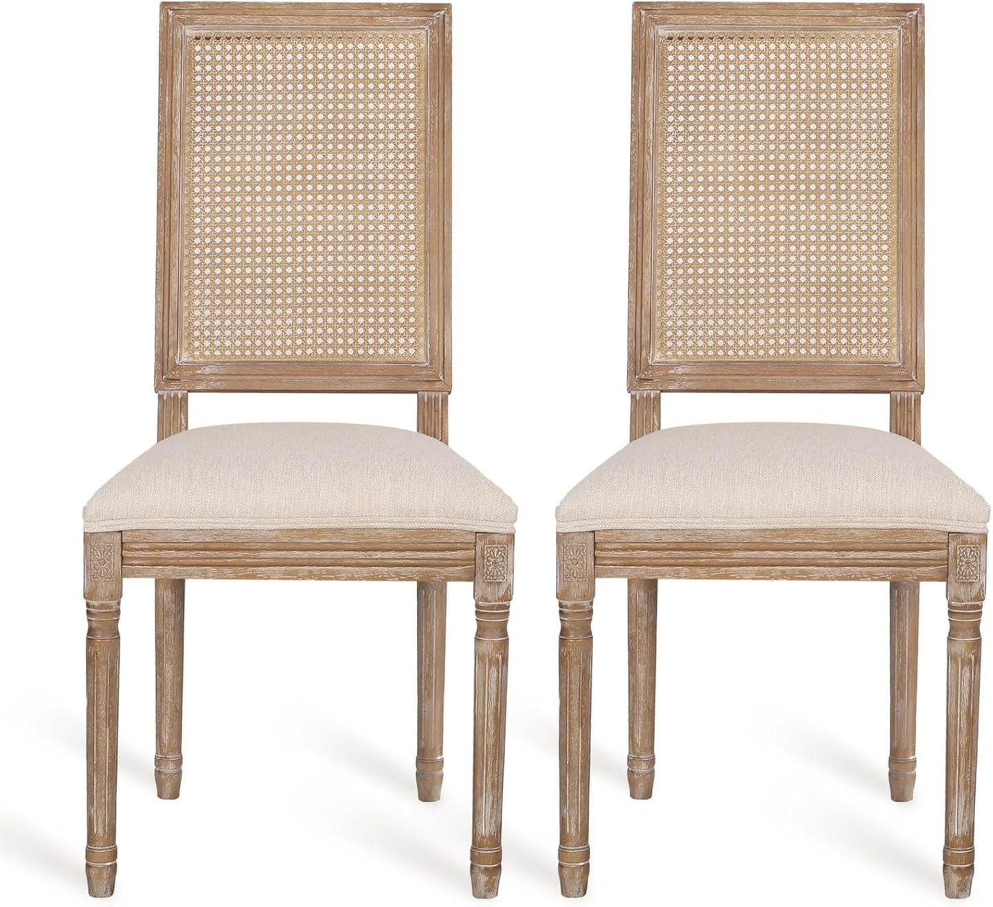 Merax Upholstered Solid Wood Dining Chairs Set of 2, French Country Style Accent Side Seating Furniture for Kitchen, Living Room, Wicker Back, Beige