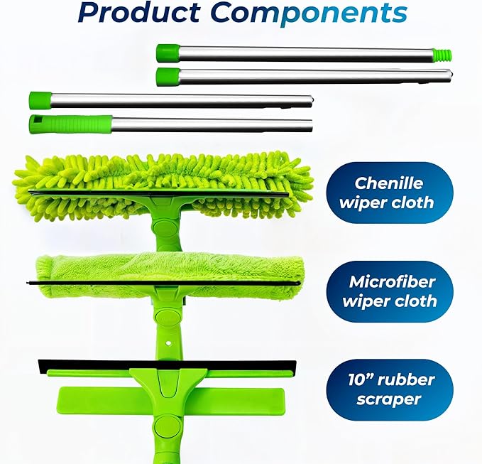 DSV Standard Professional Window Squeegee for Window Cleaning, 2 in 1 Rotatable Window Cleaning Squeegee Kit with Extension Pole, 62” Window Cleaning Tool for Indoor/Outdoor High Windows, Home, Car