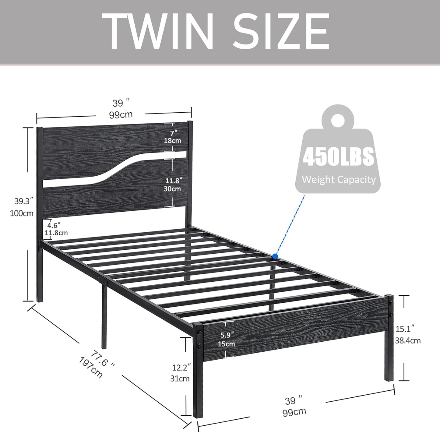 VECELO Twin Size Bed Frame with Wood Headboard and Footboard, 14 Inch Platform/No Box Spring Needed, Heavy Duty Support, Easy Assembly