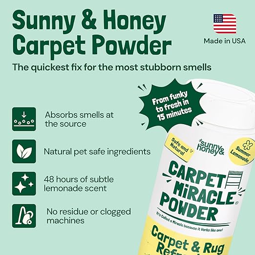 Sunny & Honey Carpet Freshener Powder - 20 oz, Summer Lemonade Scent - Dry Carpet Cleaner with No Residue - Pet & Kid Safe Upholstery Cleaner - Natural Rug Powder Formula