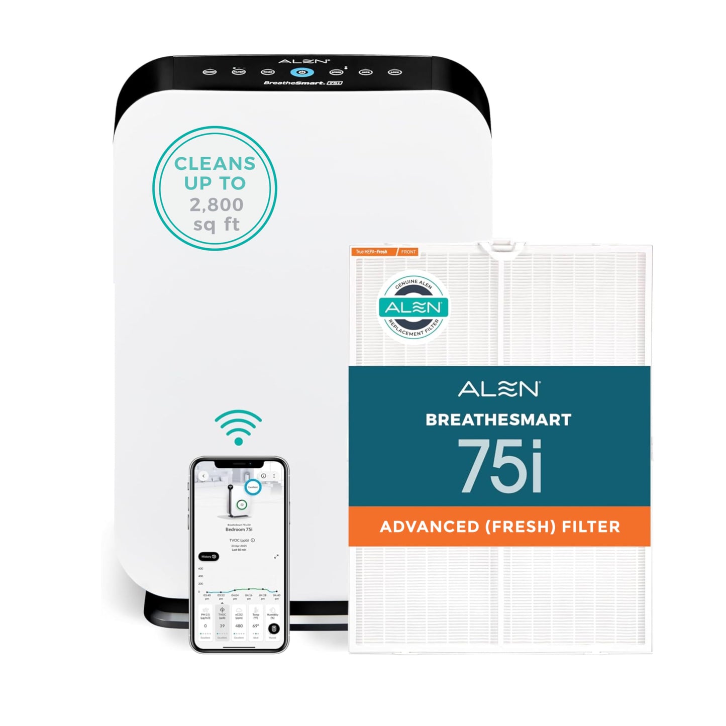 Alen Air Purifier BreatheSmart 75i HEPA with Fresh Filter + Carbon for Large Rooms up to 2800 Sq. Ft - for Living Room & Kitchen