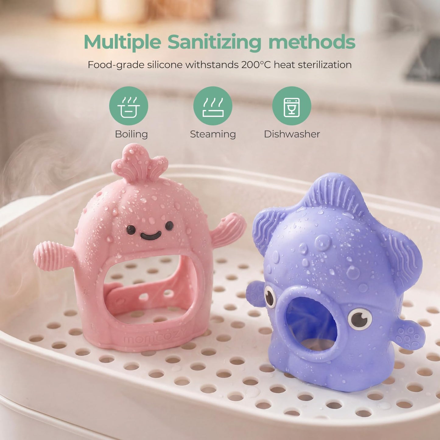 Momcozy 2 Pack Teething Toys, Food Grade Silicone Baby Teethers for 0–12 Months, Baby Teether Mitten Wrist, Teething Relief with Multiple Chew Points,Hygienic Seamless UV-Integrated Design，Blue&Pink
