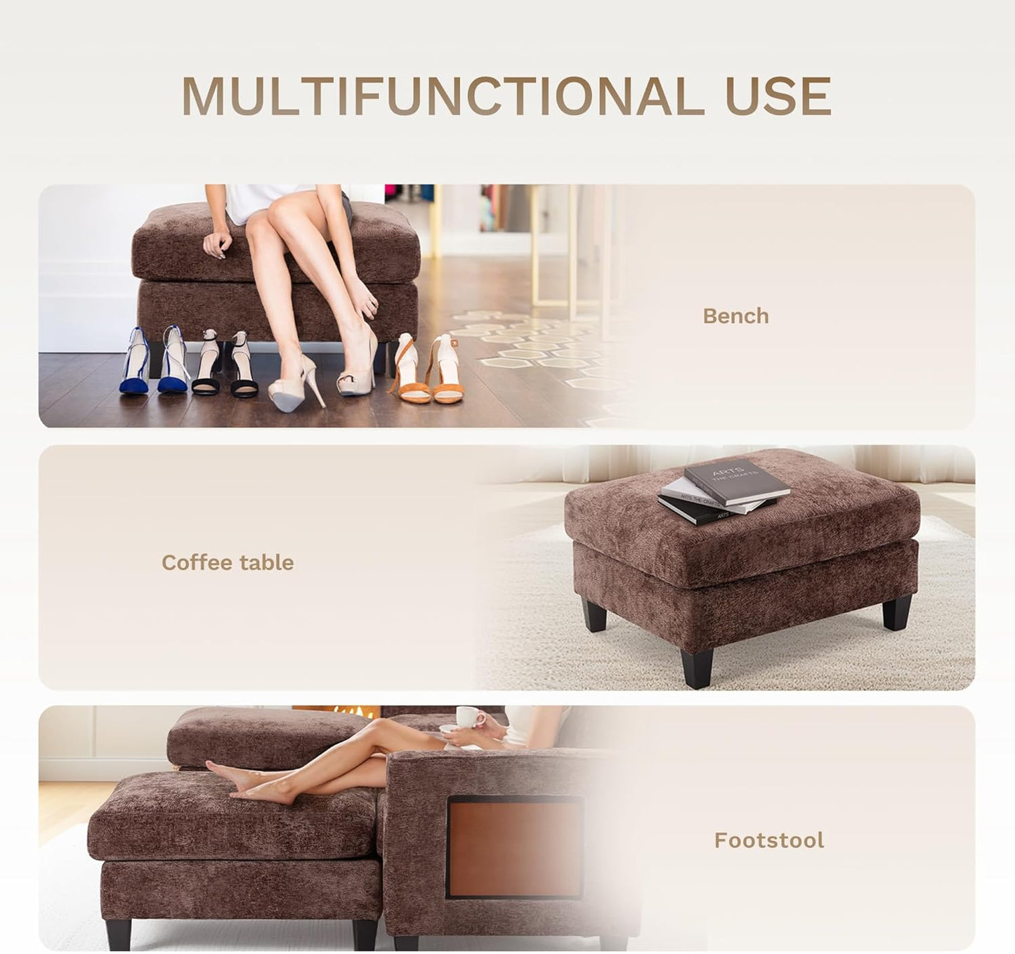 COLAMY 118" U-Shaped Sectional Couch, 4-Seat Modular Sofa with 2 Ottomans and Foldable Side Table, Brown for Living Room