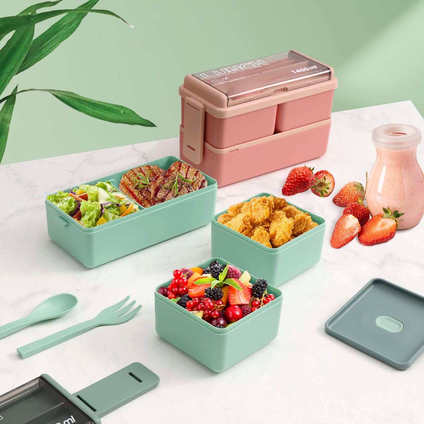 CHZZMS 2 Pack Bento Box Adult Lunch Box,49OZ Leakproof Eco-Friendly Stackable Bento Lunch Box Meal Prep for Dining Out, Work, Picnic, School (green+pink)