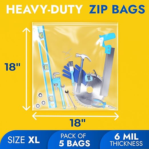 18" x 18" Large Zip Seal Lock Bags, 6 Mil (Pack of 5) – Heavy-Duty Reclosable Plastic Bags – Clear, Resealable, Waterproof – For Storing and Organizing Clothes, Jewelry, and Travel Items