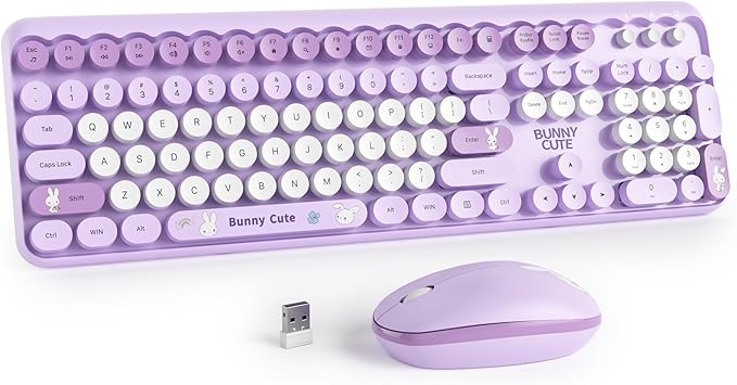 Owpkeenthy Cute Purple Keyboard and Mouse Wireless, Colorful Keyboard Retro Typewriter Style Full-Sized with Number Pad Round Keys for Desktop, Laptop and Computerr (Bunny Purple)