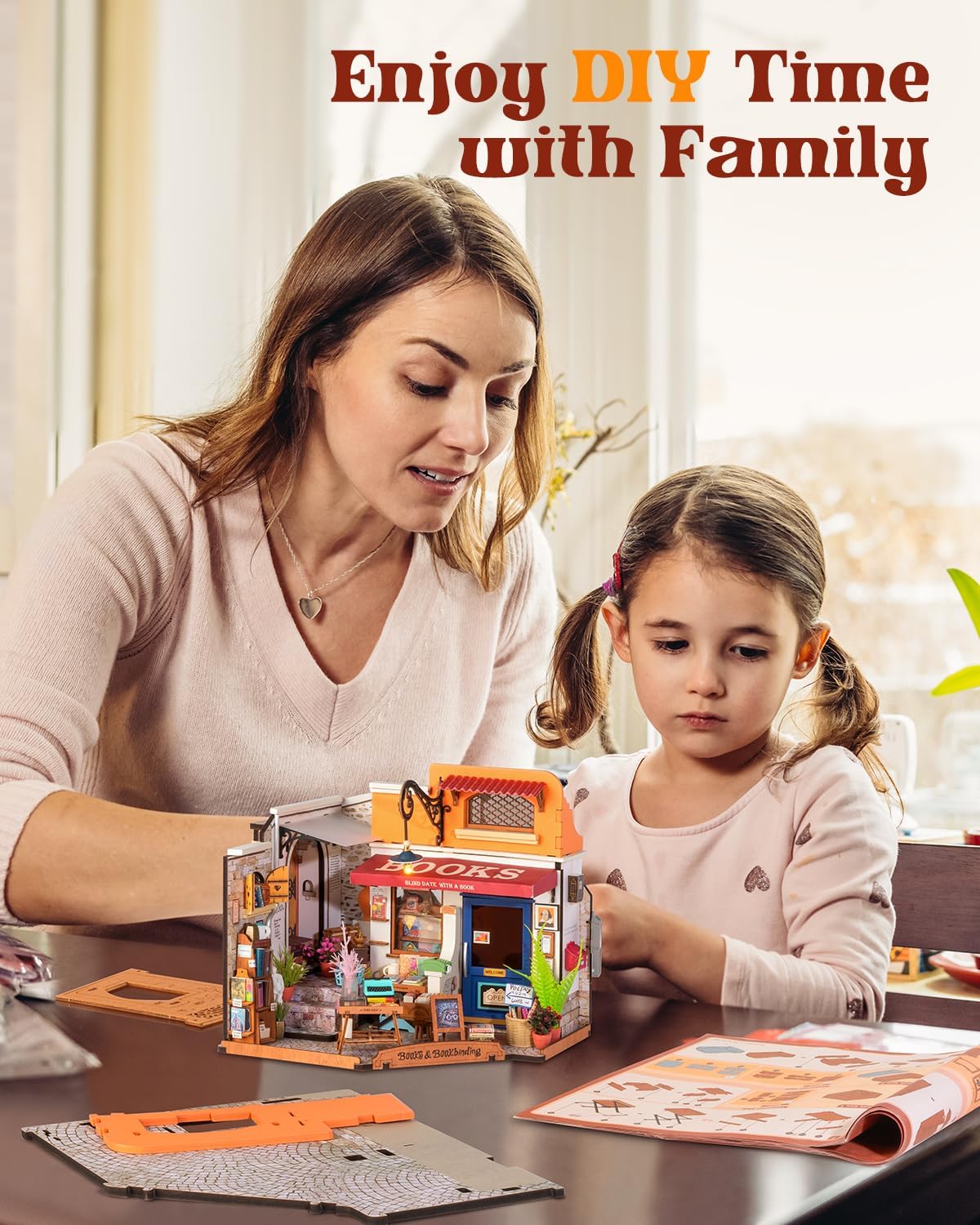 Rowood Miniature House Kit,Mother's Day Mini House Building Kit with LED,DIY Dollhouse Craft Kits for Adults,Birthday for Women Ages 14+(Corner Bookstore)
