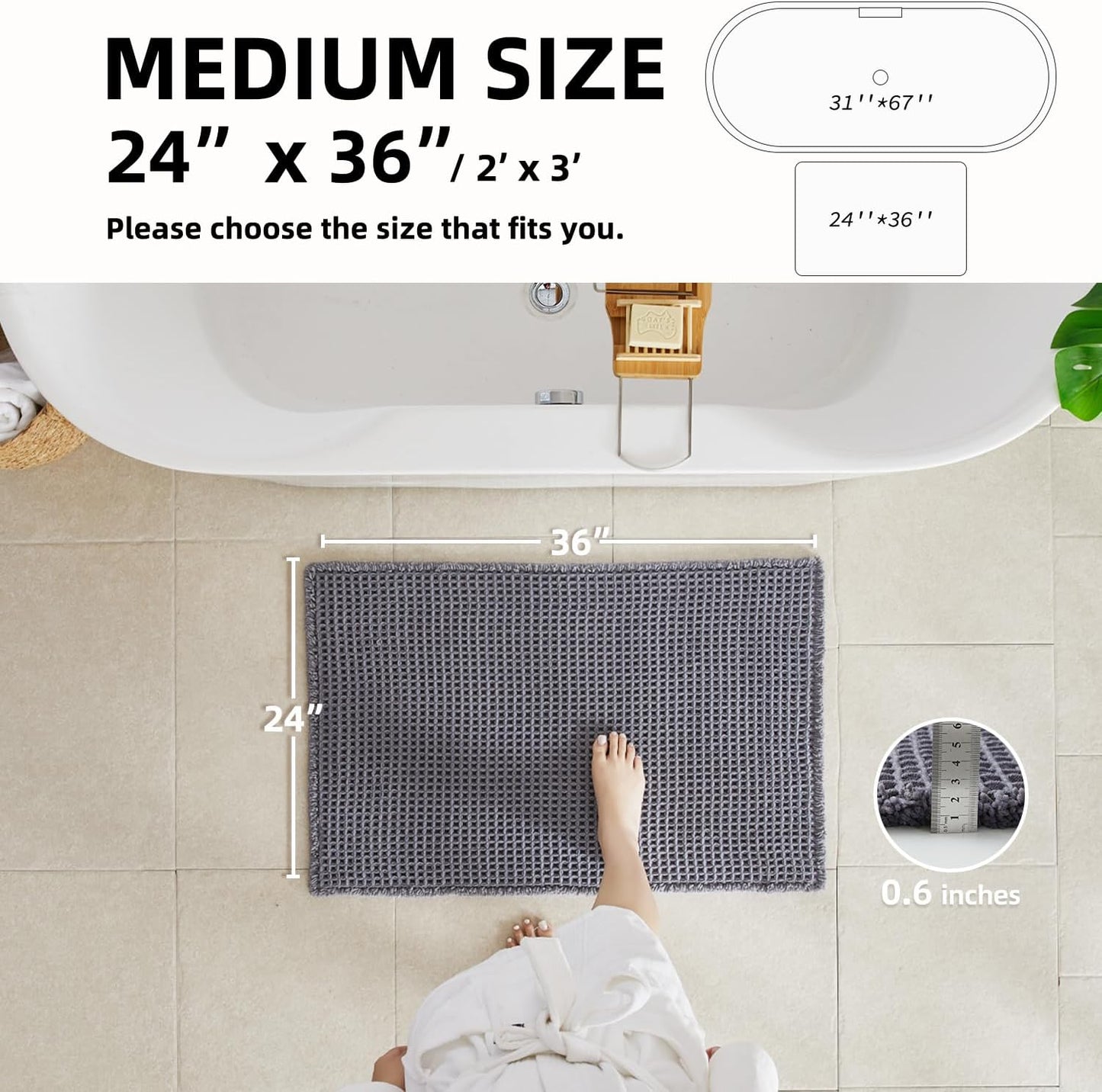Waffle Bath Mat, Boho Bathroom Rugs Non Slip Washable Super Absorbent Quick Dry Bath Mat Farmhouse Bathroom Decor, 36"x24" Grey