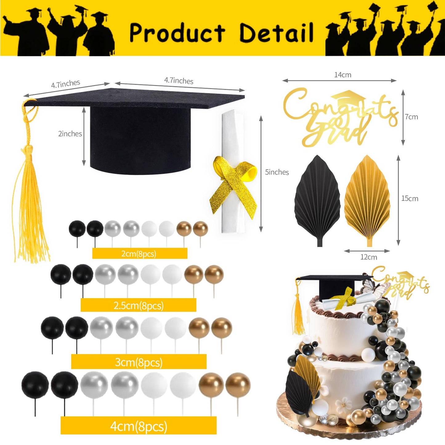 Graduation Cap Cake Topper Decorations Kit Included Cap Diploma Gold Congrats Grad Cake Topper Balls and Paper Palm Leaves Cake Decorations for Graduation Party Cake Decoration (Black)