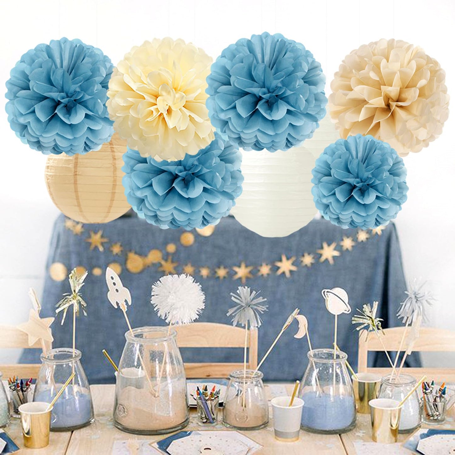 Dusty-Blue Champagne Party-Decorations Paper-Flowers Lanterns - 15pc Boho Beige Gold Tissue Pom Poms Streamers,Birthday Bachelorette Bridal Baby Shower Engagement Wedding Graduations Decor Panduola