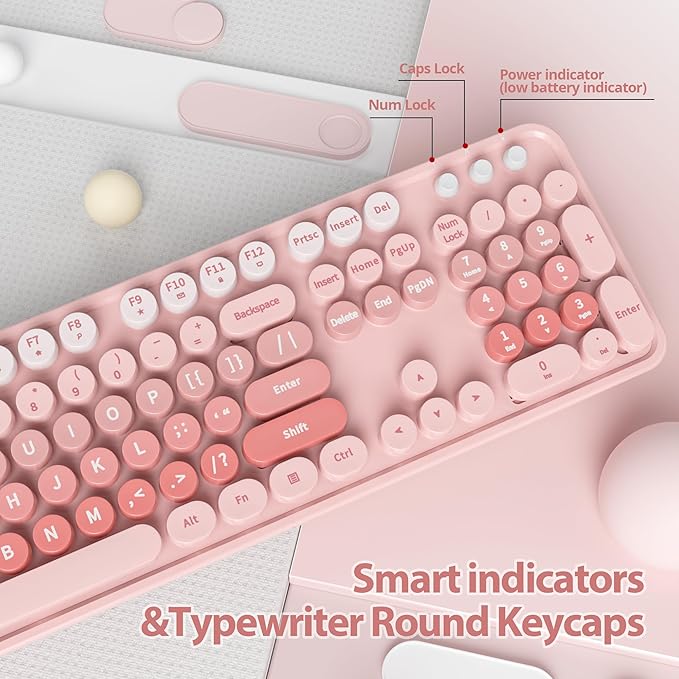 Wireless Keyboard and Mouse Set, Retro Typewriter Keyboard, 2.4GHz Full Size 104-Key Cute Keyboard with Number Pad, Colorful Keyboard with Round Keycaps for Windows PC Laptop(Pink)