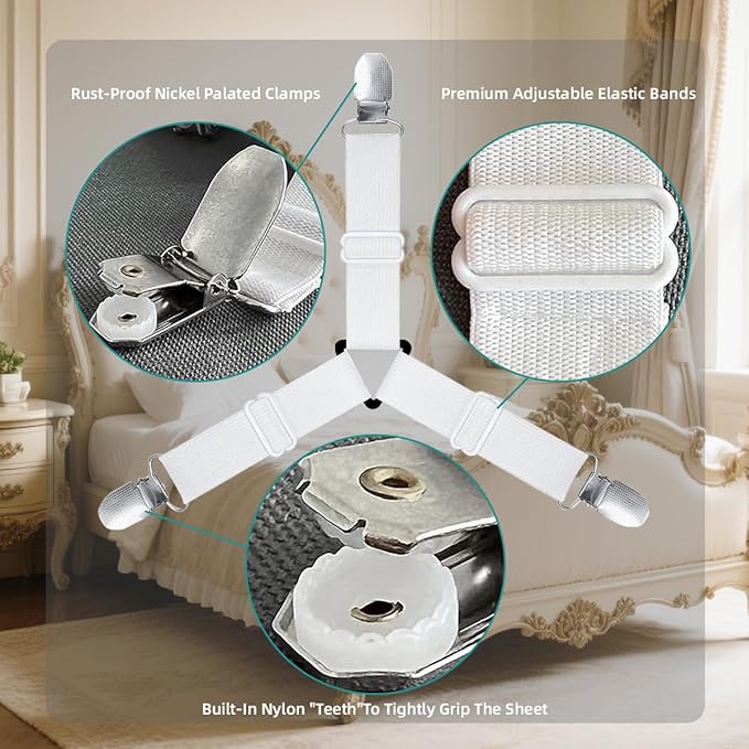 Bed Sheet Retainer Straps,Elasticated Adjustable Mattress Fitted Sheet Clips,Sheet Holder and Mattress Firm and Tight,for Anti-Slip and Anti-Wrinkle Sheets,Suitable of Mattresses,White