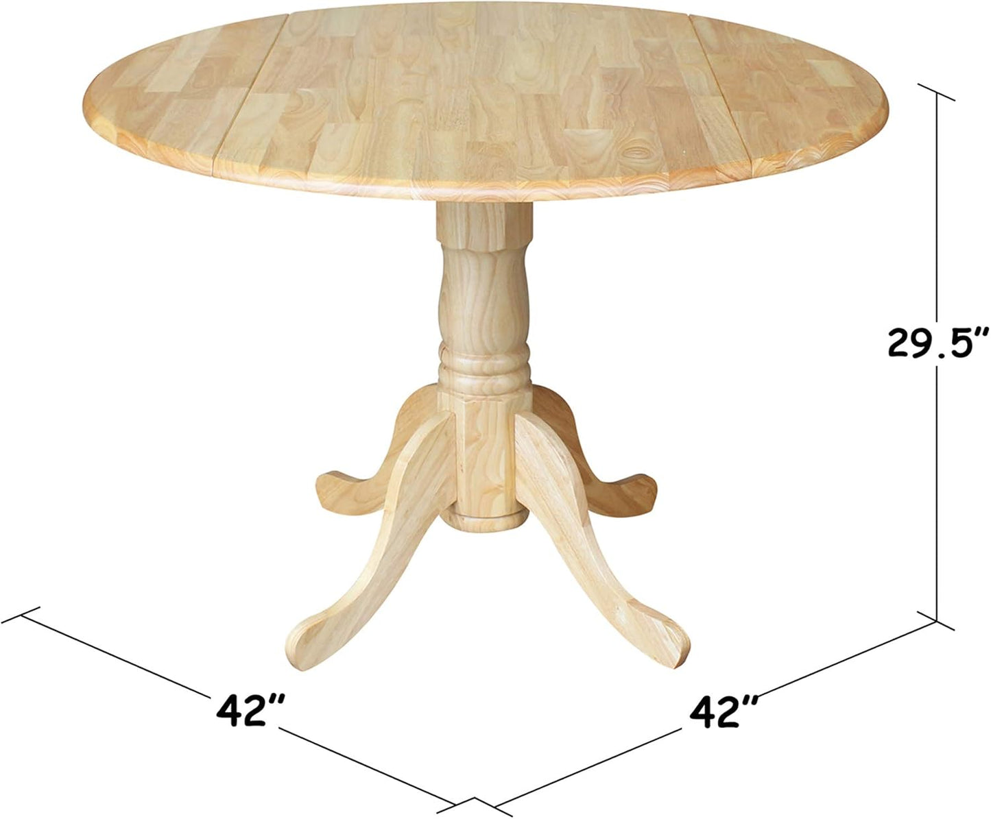 IC International Concepts, 42" Round Dual Drop Leaf Pedestal Dining Table, Solid Real Wood, Sturdy Parawood, Natural