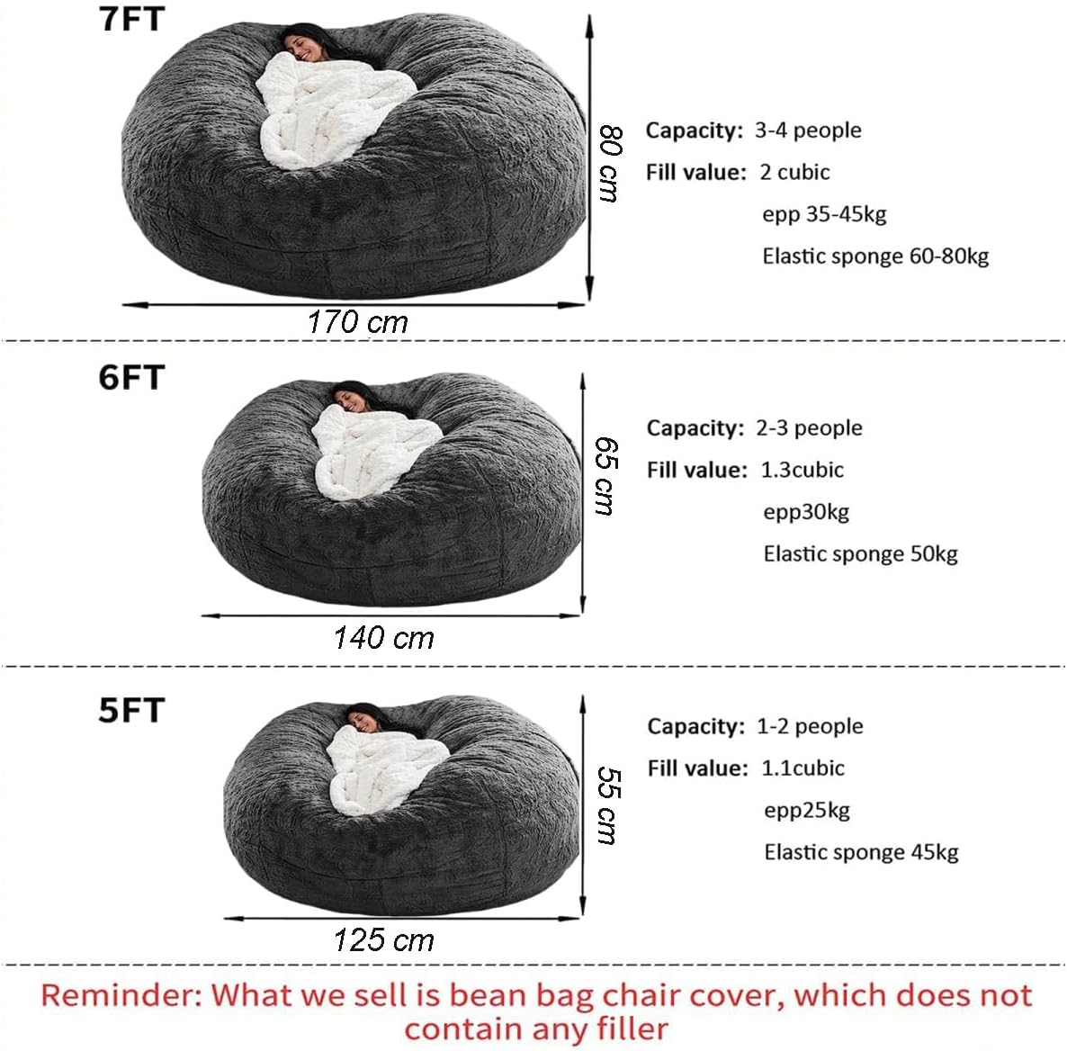 Bean Bag Chair Cover for Adults Kids Comfy Fluffy Giant Round Beanbag Cover Floor Chair Cover for Stuffed Animals Storage, 7FT, Black