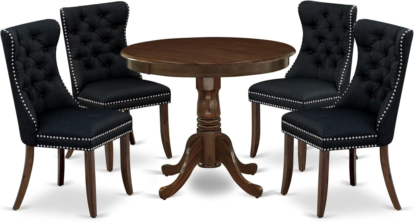 East West Furniture ANDA5-AWA-24 5 Piece Dining Table Set Consists of a Round Kitchen Table with Pedestal and 4 Polyester Fabric Padded Chairs, 36x36 Inch, Antique Walnut