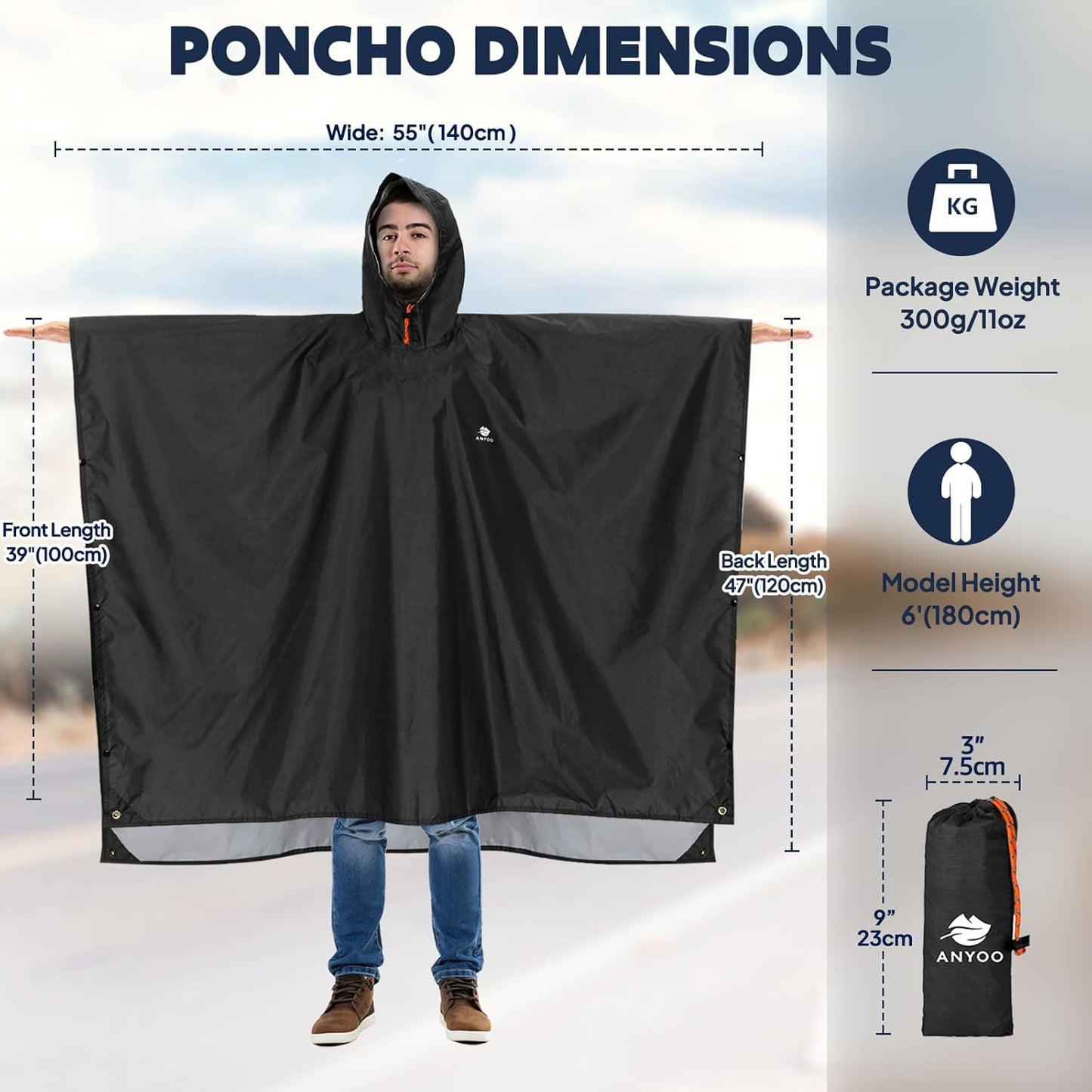 ANYOO Hooded Rain Poncho for Adults Waterproof Lightweight Rain Coat for Men Women Reusable Rain Jacket for Emergency Outdoor