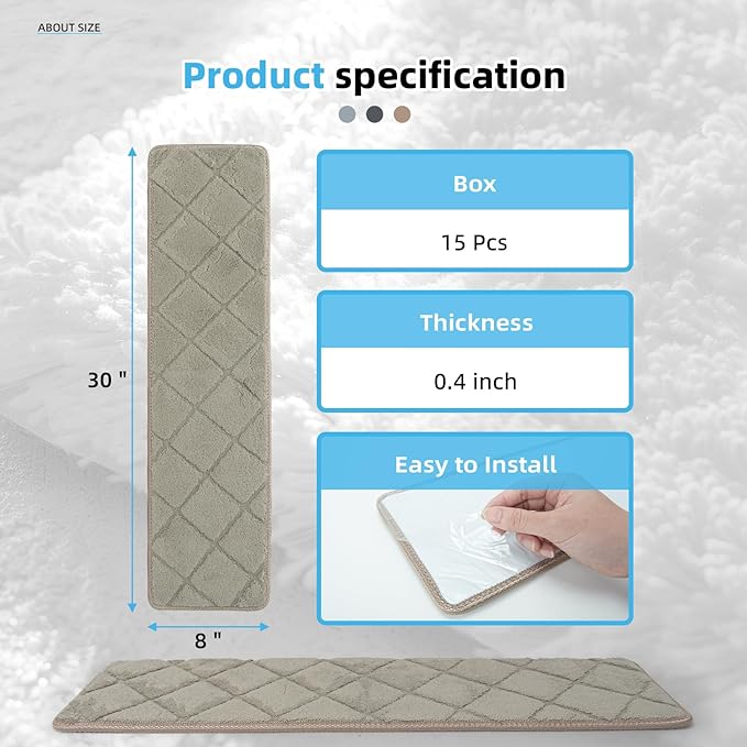 Art3d Stair Treads for Wooden Steps 15Pcs, 8" X 30" X 0.4" Non Slip Stair Runner Rugs with Reusable Adhesive for Elders Kids and Dogs, Machine Washable Peel and Stick Stair Treads Carpet, Beige