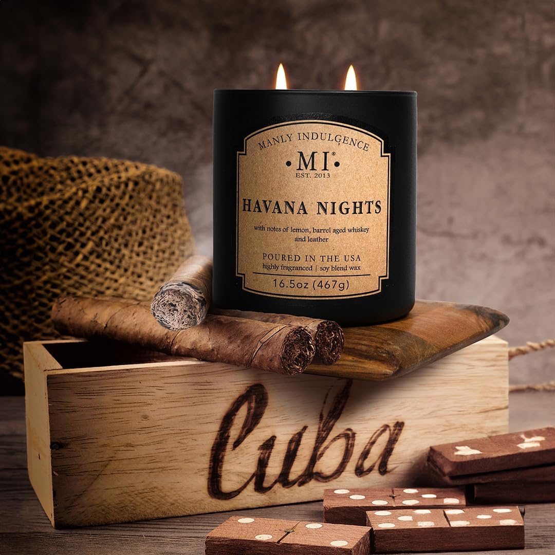 Manly Indulgence Havana Nights Scented Candles for Men, 2 Wick, 16.5 oz, Premium Soy Blend Wax, 60H Burn, Candles for Home Scented - Made in The USA
