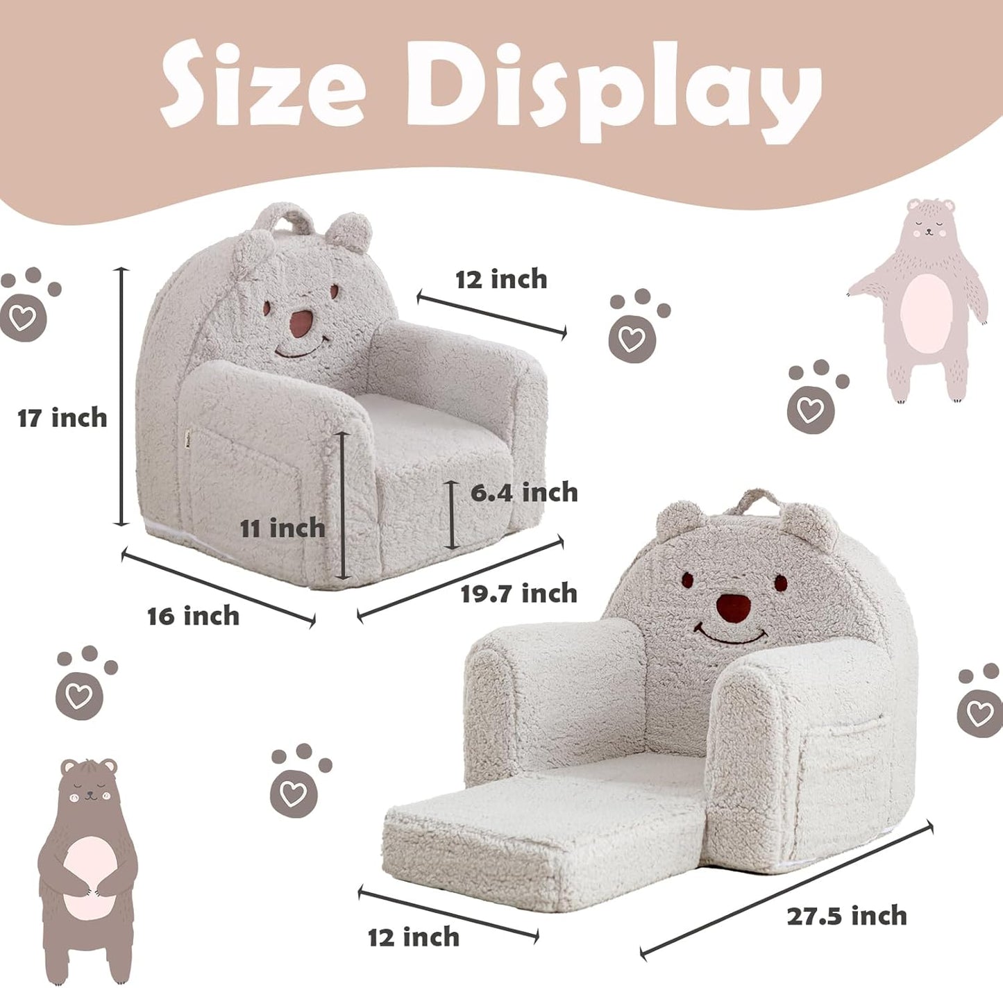 Toddler Chair,Sherpa Bear Kids Chair,Toddler Couch Fold Out,Children Reading Chair,Flip Out Kids Couch,Toddler Sofa Convertible for Age 1-3(Grey Bear)