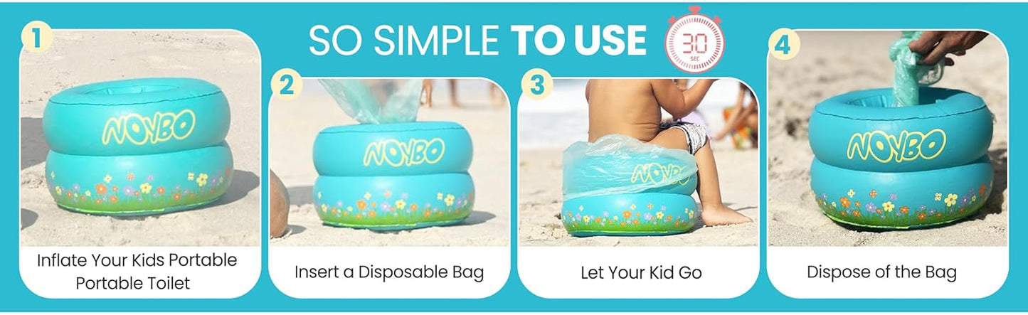 Travel Potty Seat for Toddlers - Inflatable Portable Toilet Kids Chair, Foldable Compact Lightweight Potty for Camping Road Trips, Outdoor Car Travel, Holds 66 lbs and 20 Durable Disposable Bags
