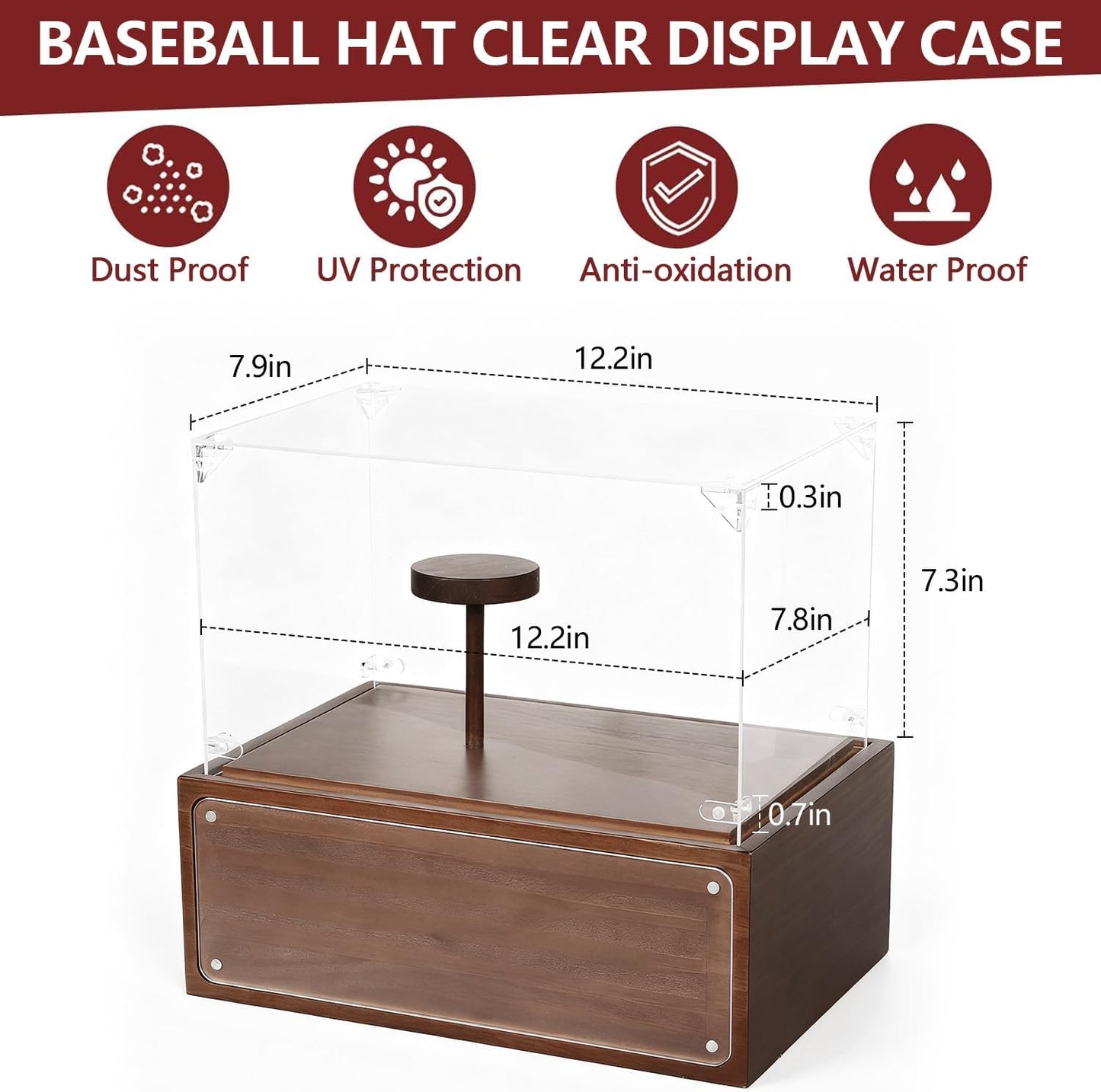 Baseball Hat Display Case, Uv Protection Signed Hat Transparent Showcase, Clear Acrylic Sport Cap Holder Stand Display Box with Solid Wood Base Risers, Ideal Gift for Cap Collector