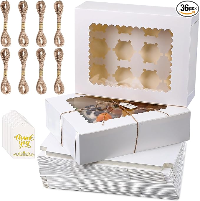 36 Pack Cupcake Boxes Hold 12 Count Christmas Disposable Cupcake Containers with Window and Cake Carrier with Thanks Card and Jute Rope to Muffins Cupcakes Cookies Gift Wrapping(White)