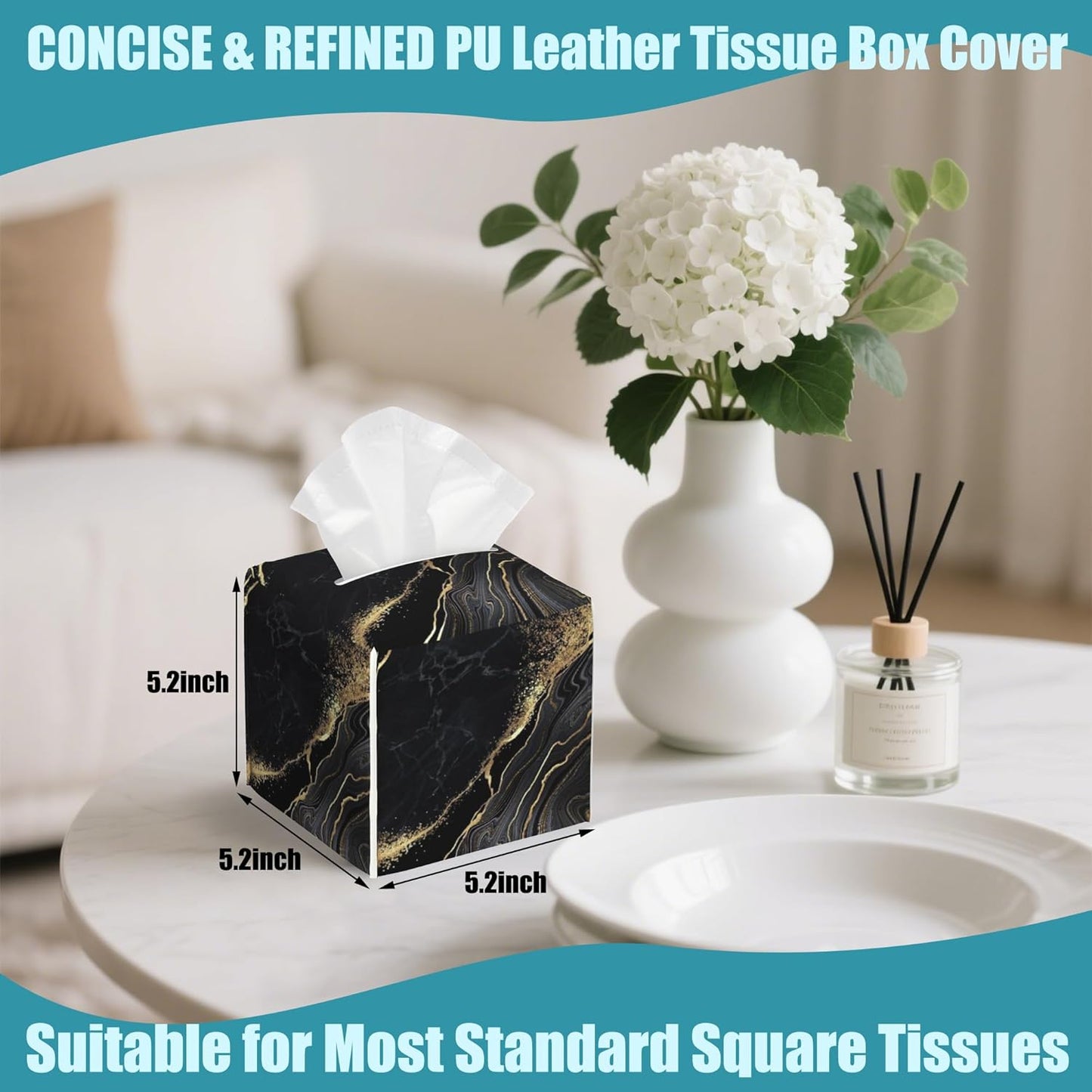 Black Golden Marble Tissue Box Cover Square,Leather Tissue Holder with Bottom Belt,Waterproof Facial Paper Organizer Tissue Box Cover for Home Office Bathroom Vanity Countertop,5.2" x 5.2" x 5.2"