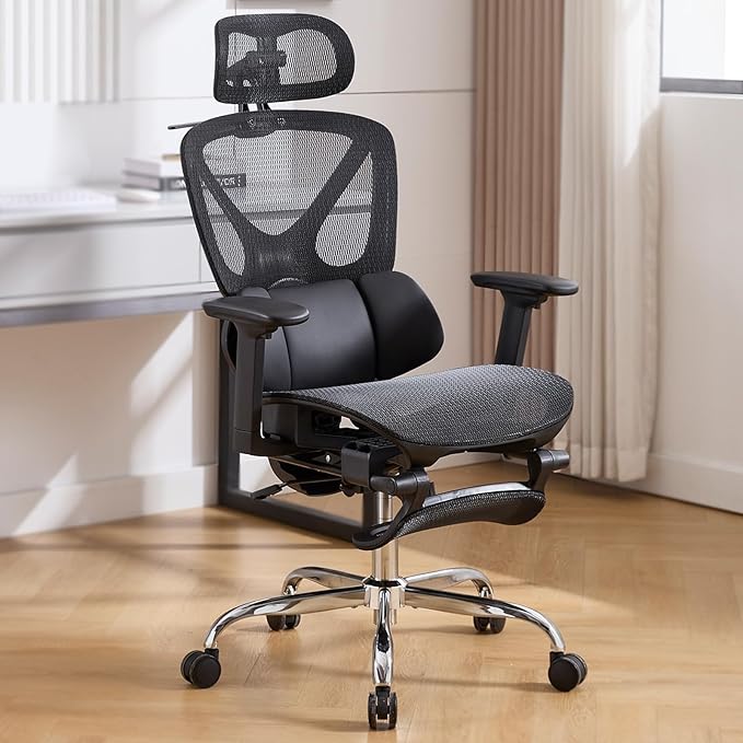 High Back Mesh Office Chair with Footrest，Ergonomic Office Chair w/ 3D Lumbar Support，Comfy Home Office Desk Chair for Work & Computer Gaming, 400LBS, Black