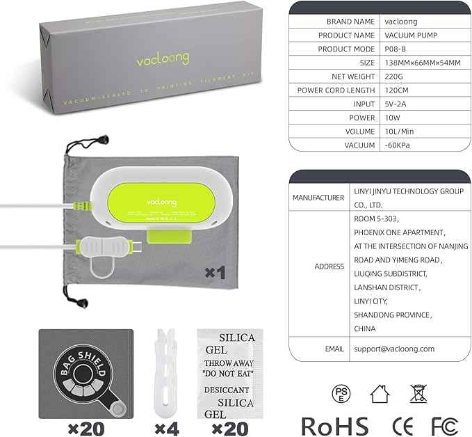 Vacuum-Sealed 3D Printing Filament Kit, 20 Packs Lightproof Storage Bags with Vacuum Pump, Moisture-Proof Bags, Sorting & Storage of PA/DP/PC/PLA/ABS/TPU/ASA/PETG with Desiccant