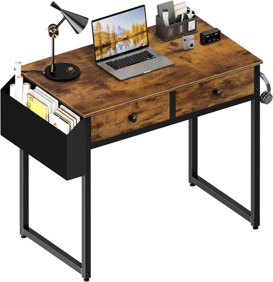 Lufeiya Small Computer Desk with 2 Drawers for Bedroom, 31 Inch Home Office Desk with Storage Fabric Drawer and Bag, Study Writing Table for Small Spaces, Rustic Brown
